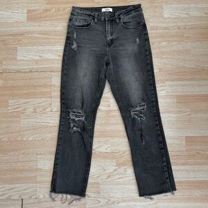 JBD Black Denim High Rise Ripped Knees Straight Leg Raw Frayed Hem Jeans 27